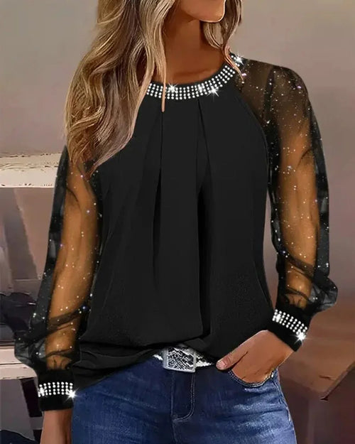 Black Women's Sequin Top with Sheer Mesh Sleeves & Relaxed Fit - Front Pose Indoor