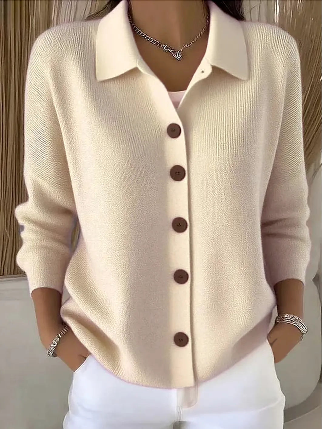 Beige Women's Shawl Collar Cardigan with Button Front & Relaxed Fit