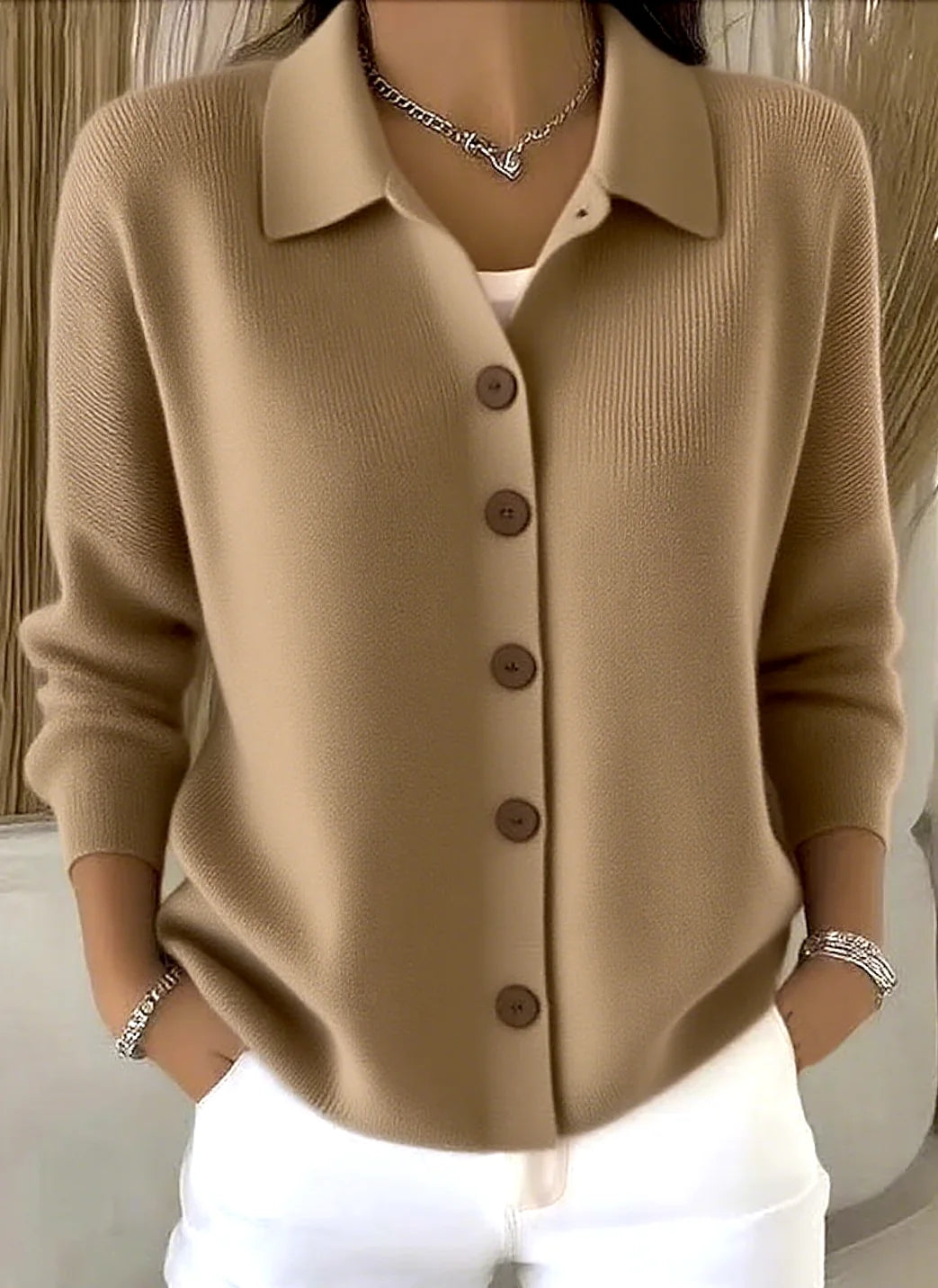 Brown Women's Shawl Collar Cardigan with Button Front & Relaxed Fit