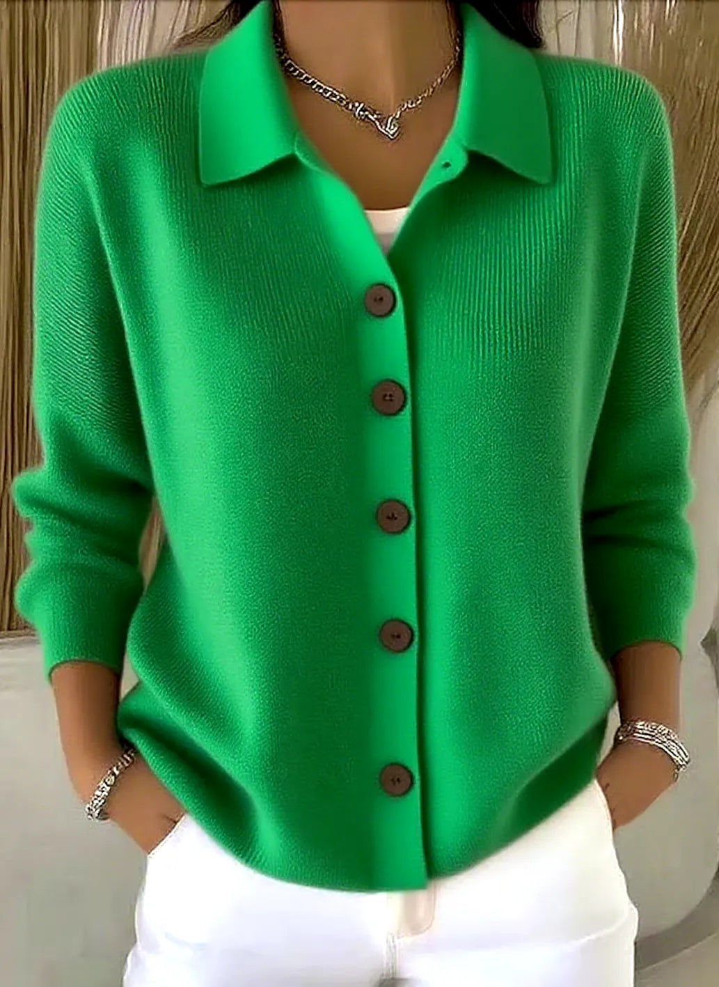Green Women's Shawl Collar Cardigan with Button Front & Relaxed Fit