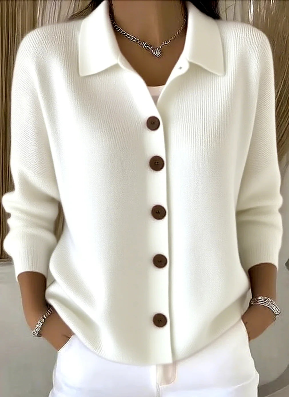 White Women's Shawl Collar Cardigan with Button Front & Relaxed Fit