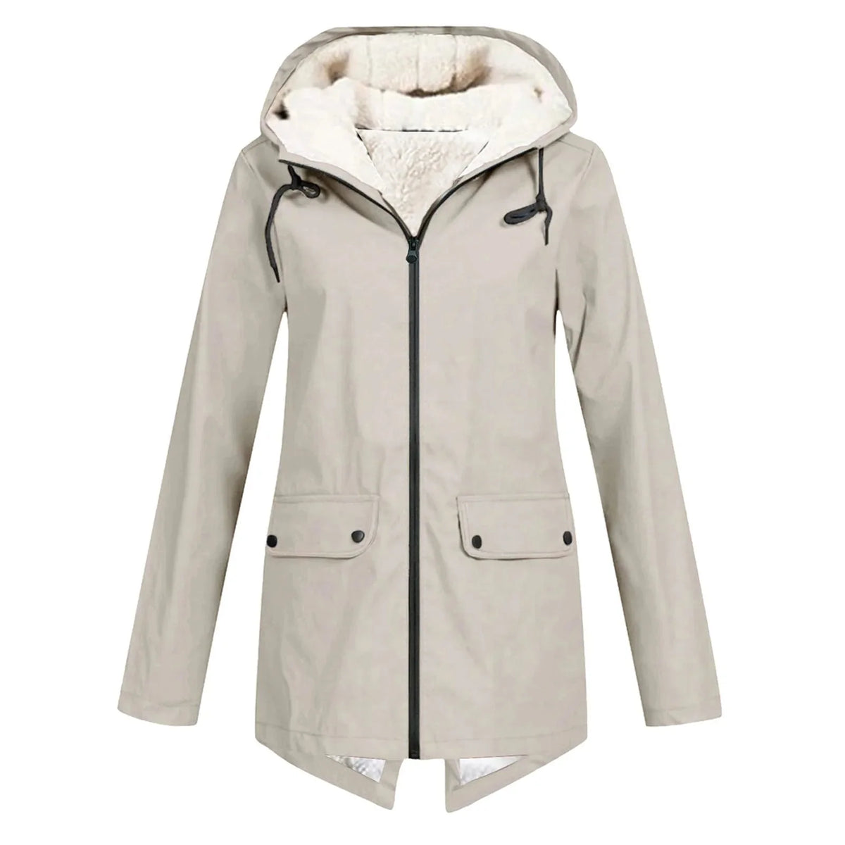 Beige Women's Sherpa Lined Hooded Jacket with Relaxed Fit & Snap Pockets