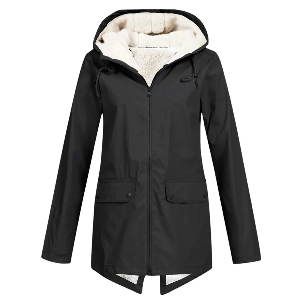 Black Women's Sherpa Lined Hooded Jacket with Relaxed Fit & Snap Pockets