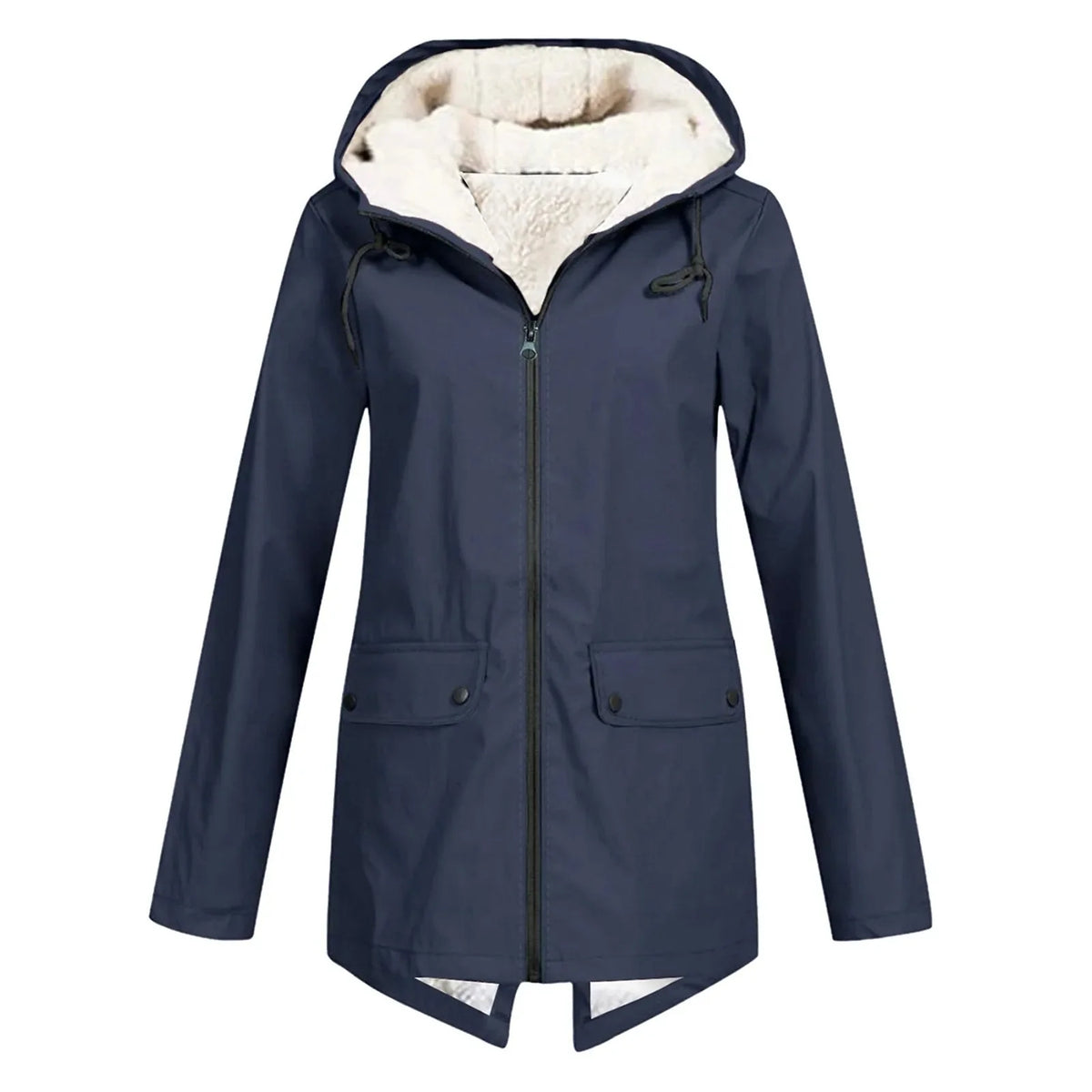 Dark Blue Women's Sherpa Lined Hooded Jacket with Relaxed Fit & Snap Pockets - Front Drawstring Hood