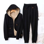 Black Women's Sherpa Hoodie Set with Zip-Front Jacket & Jogger Pants