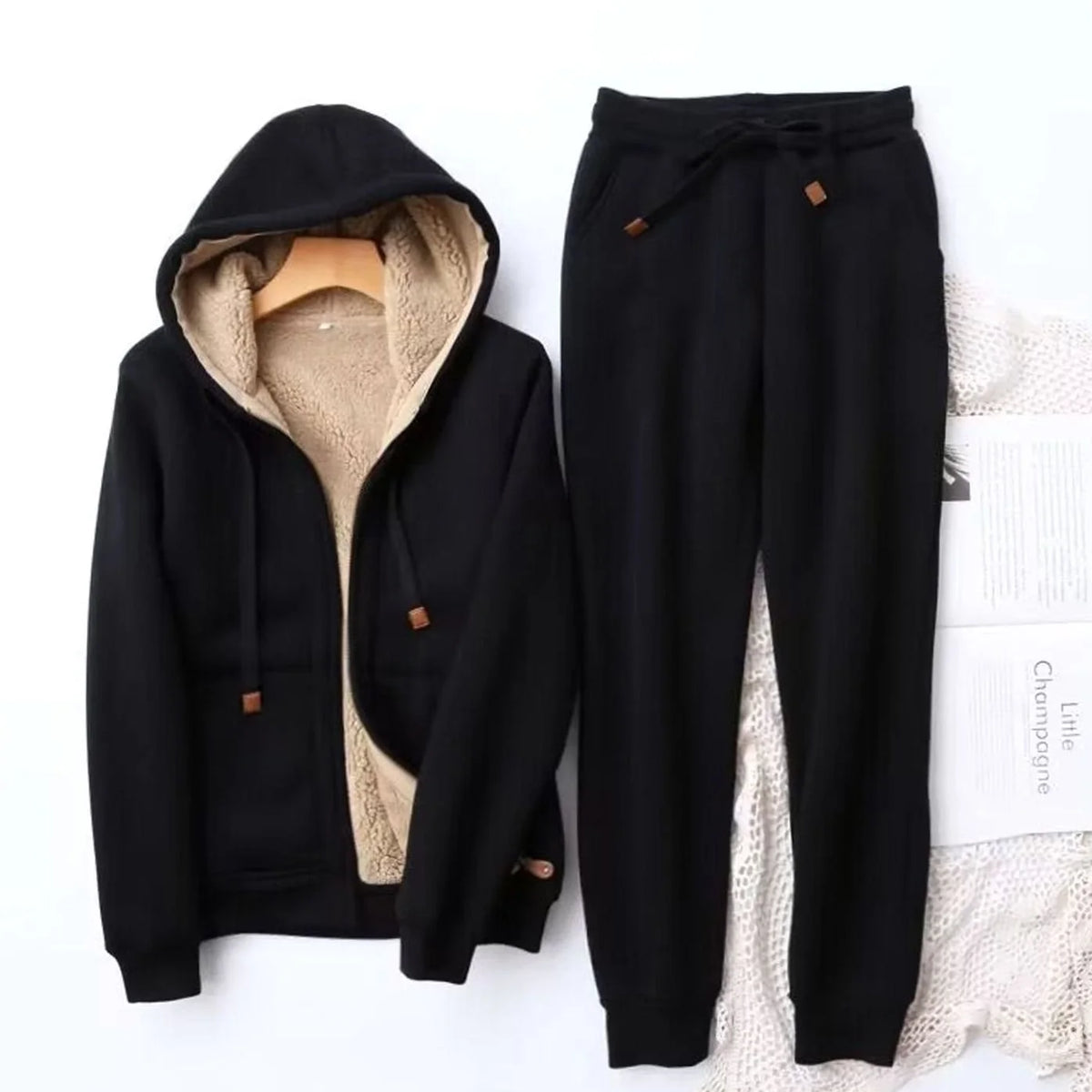 Black Women's Sherpa Hoodie Set with Zip-Front Jacket & Jogger Pants
