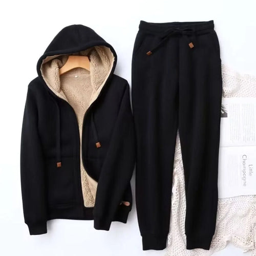 Black Women's Sherpa Hoodie Set with Zip-Front Jacket & Jogger Pants