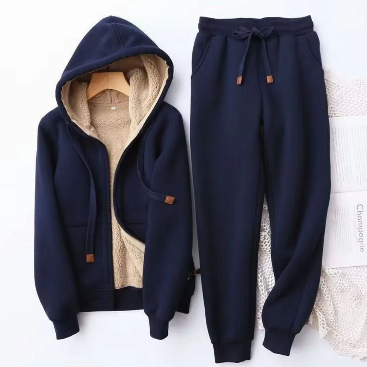 Blue Women's Sherpa Hoodie Set with Zip-Front Jacket & Jogger Pants