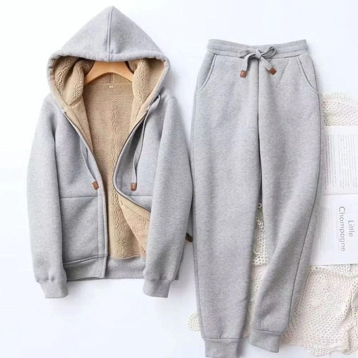 Grey Women's Sherpa Hoodie Set with Zip-Front Jacket & Jogger Pants