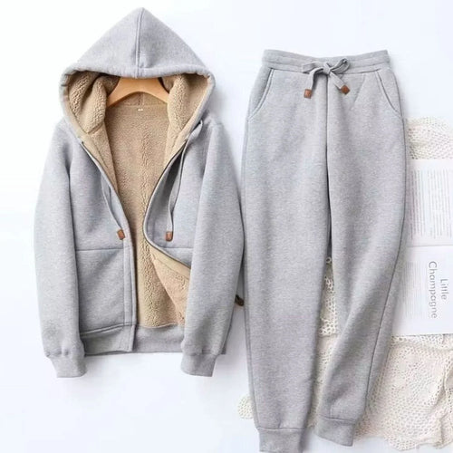 Grey Women's Sherpa Hoodie Set with Zip-Front Jacket & Jogger Pants