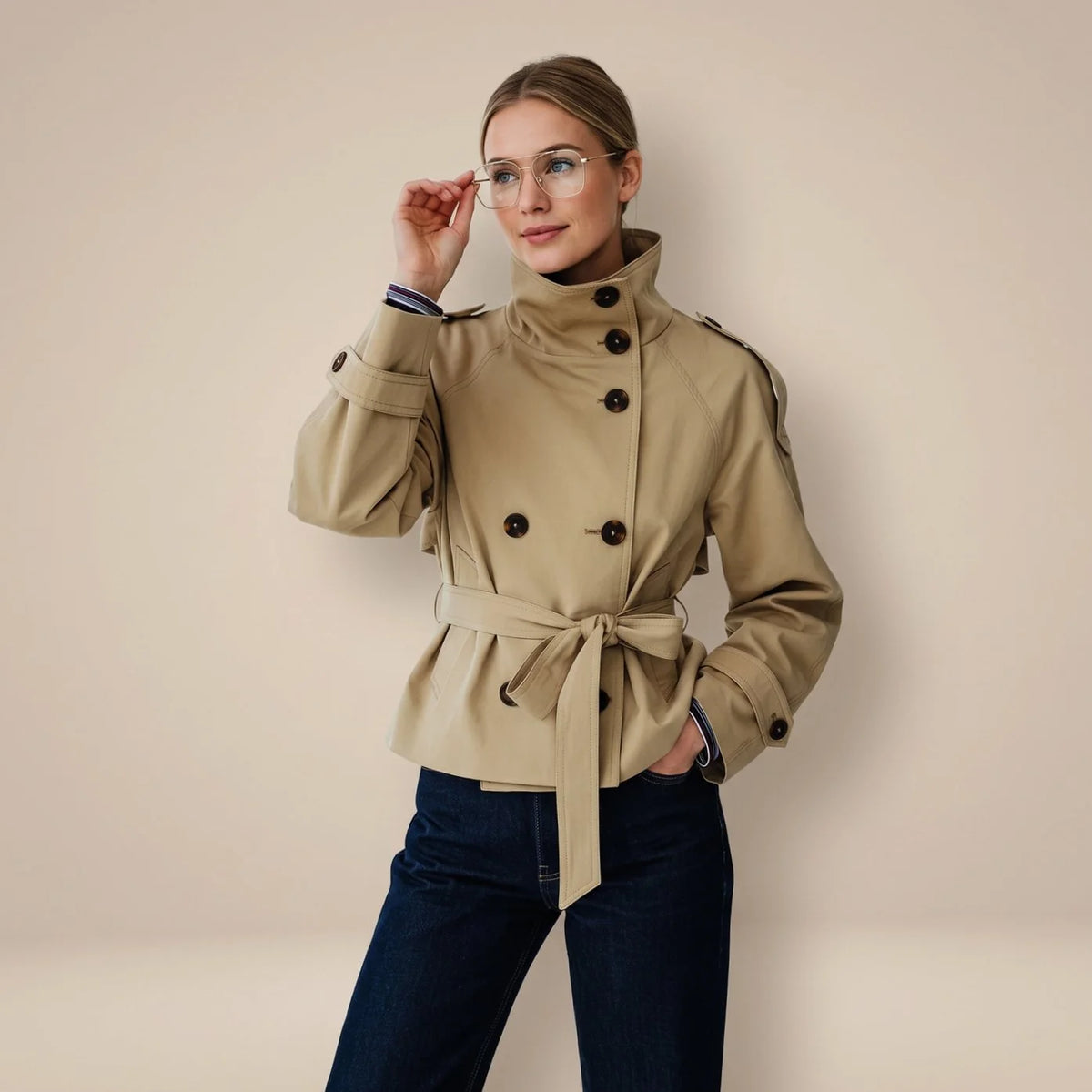 Beige Women's Short Trench Coat with Double-Breasted Buttons & Belted Waist