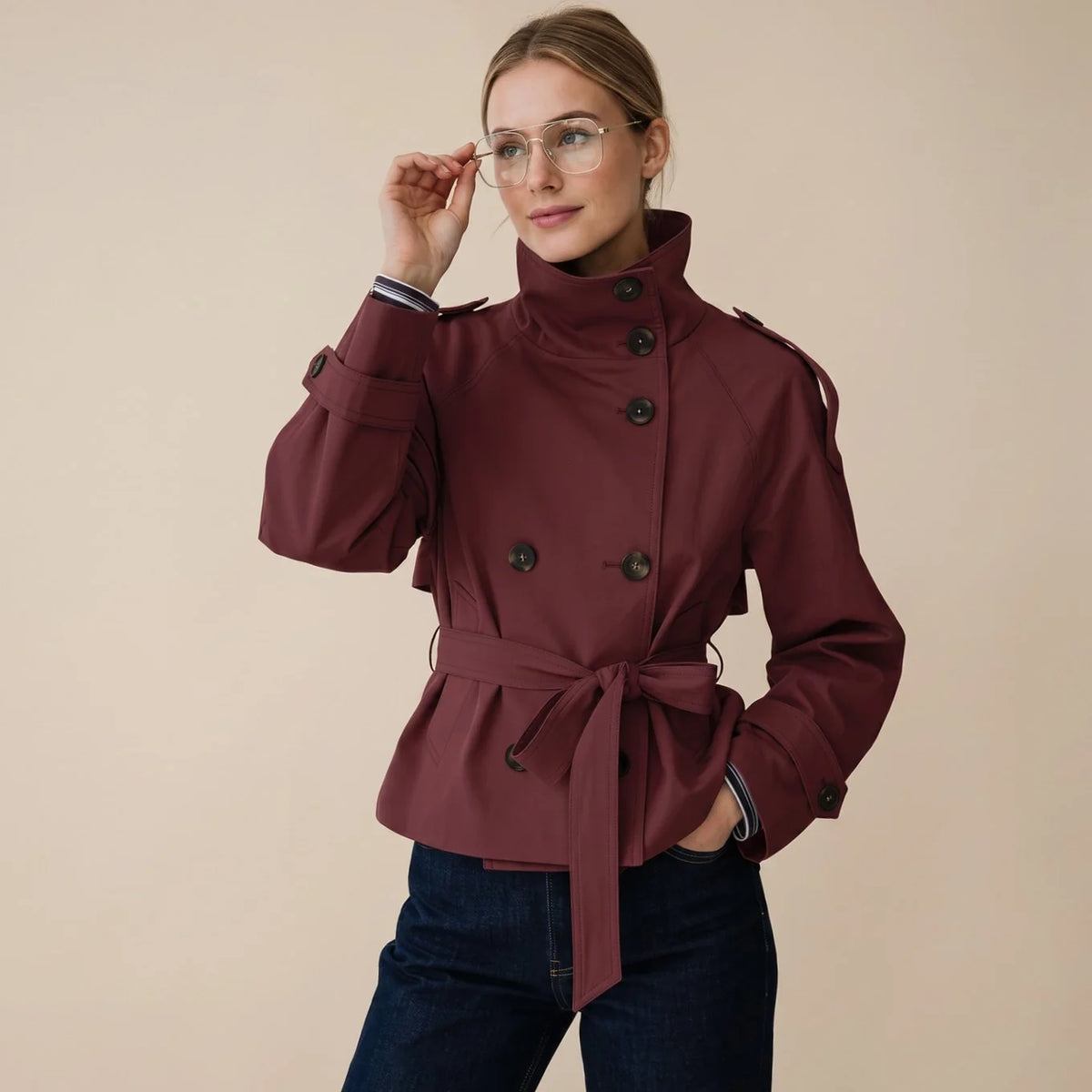Chestnut Brown Women's Short Trench Coat with Double-Breasted Buttons & Belted Waist - Front Pose Studio