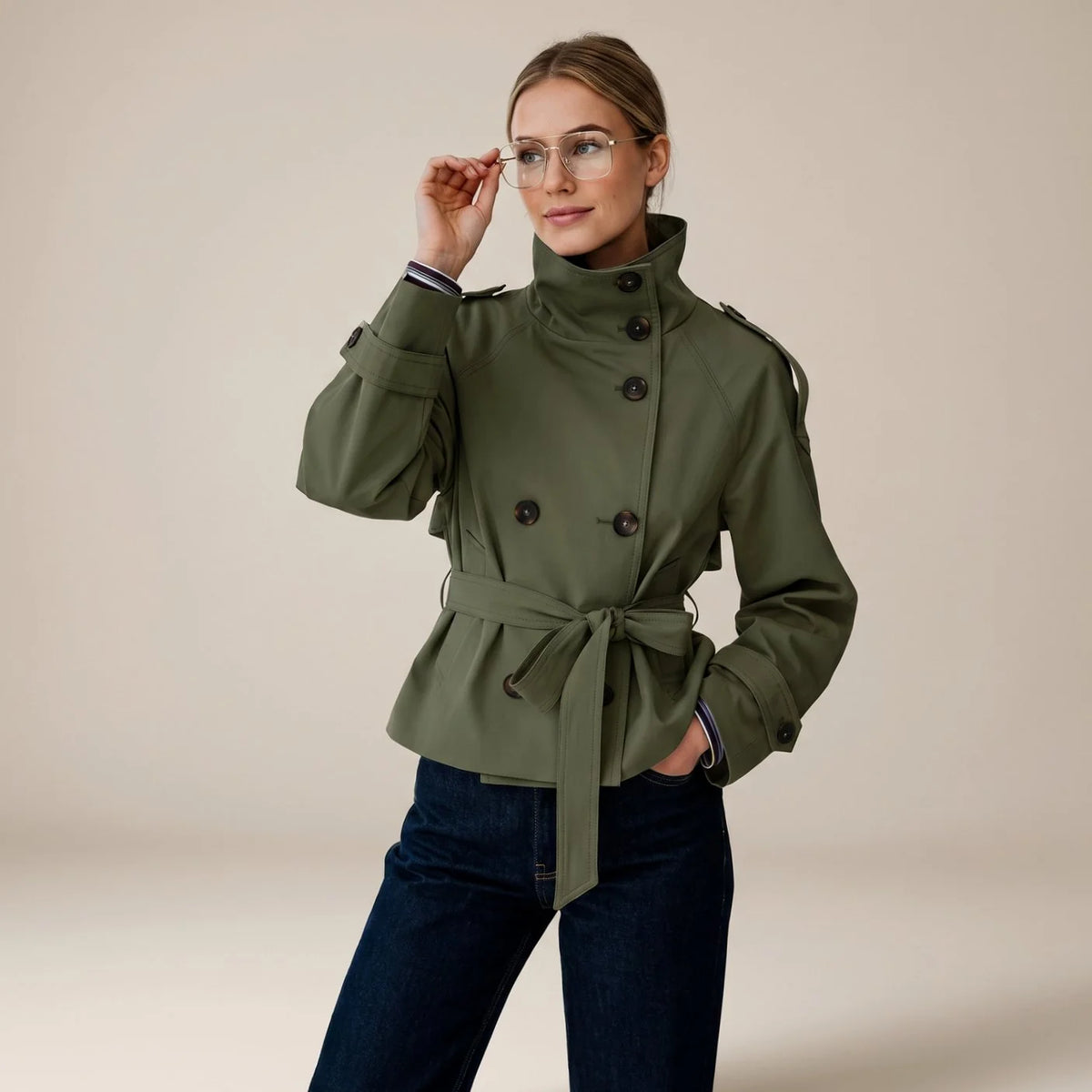 Olive Green Women's Short Trench Coat with Double-Breasted Buttons & Belted Waist - Front Full Studio