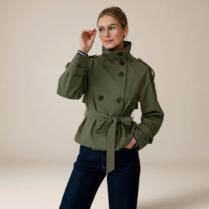 Olive Green Women's Short Trench Coat with Double-Breasted Buttons & Belted Waist - Front Full Studio