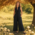 Women's Black Linen Wide-Leg Jumpsuit — Lillian Sleeveless Pockets