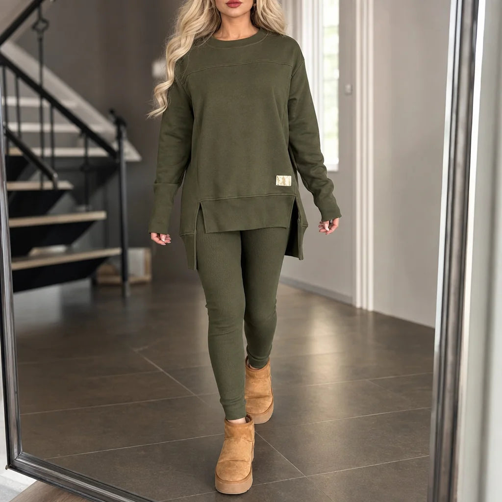 Army Green Women's Split-Sleeve Top and Pants Set with Relaxed Fit & Stretchy Knit - Front Full
