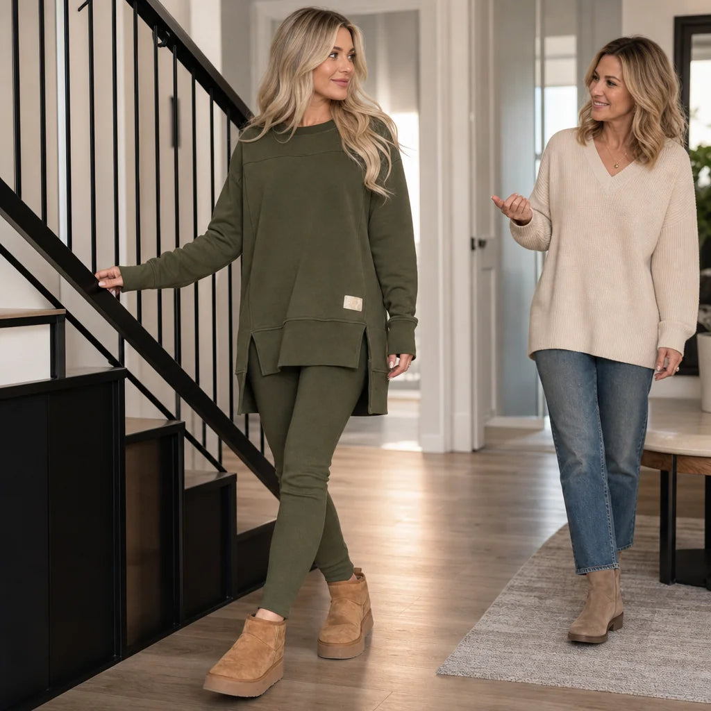 Women's Split-Sleeve Top and Pants Set with Relaxed Fit & Stretchy Knit - Green Group Walking