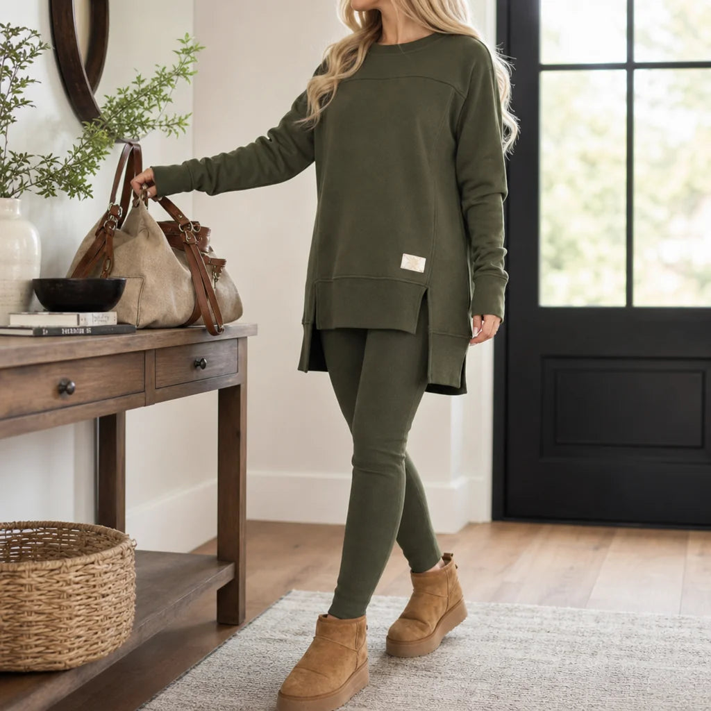 Women's Split-Sleeve Top and Pants Set with Relaxed Fit & Stretchy Knit - Green Side Pose With Bag