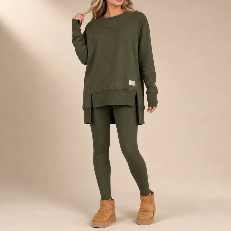 Women's Split-Sleeve Top and Pants Set with Relaxed Fit & Stretchy Knit - Green