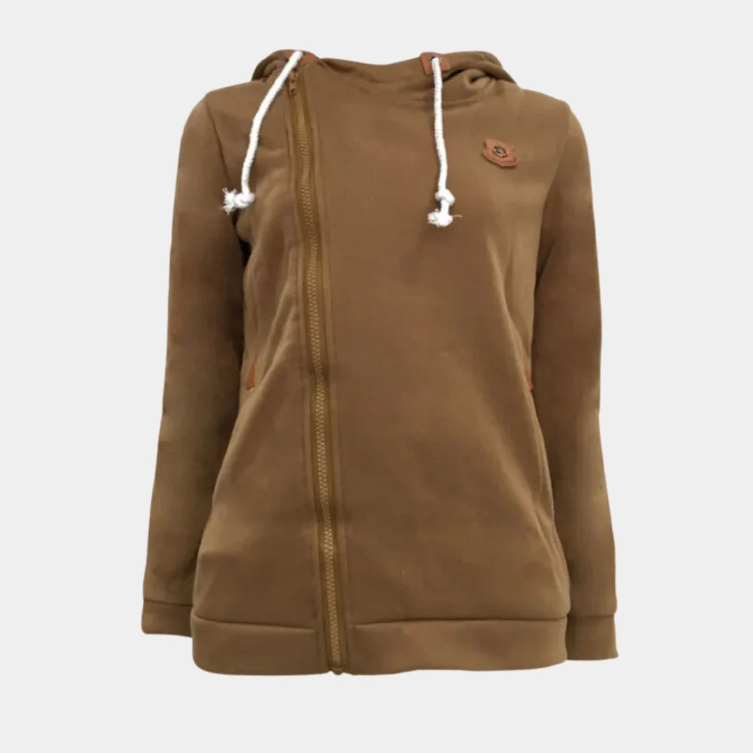Brown Women's Hooded Vest with Asymmetric Zip & Drawstring Hood