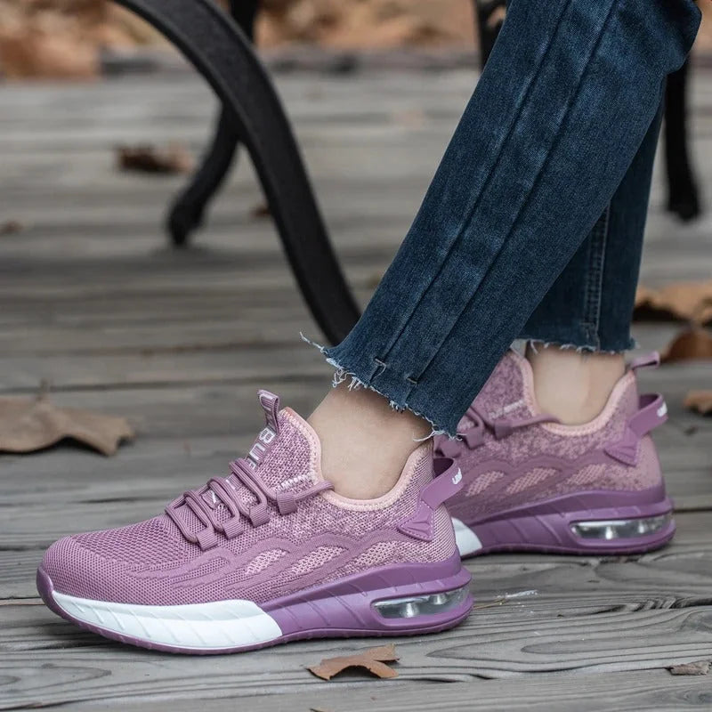 Purple Women's Steel Toe Sneakers with Air-Cushioned Sole & Breathable Mesh Upper - Worn Lifestyle Wood Deck