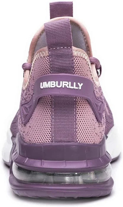 Purple Women's Steel Toe Sneakers with Air-Cushioned Sole & Breathable Mesh Upper - Back View Closeup