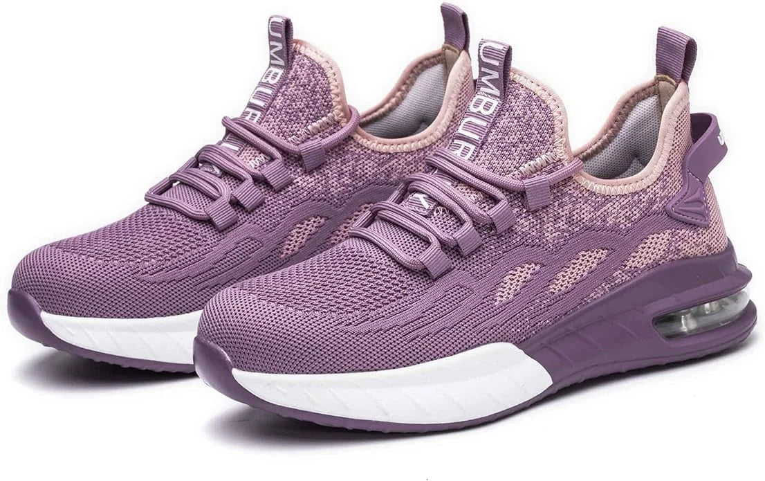 Purple Women's Steel Toe Sneakers with Air-Cushioned Sole & Breathable Mesh Upper - Studio Pair Angle