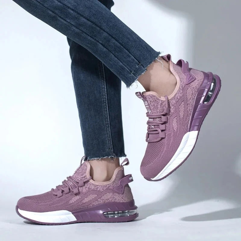 Purple Women's Steel Toe Sneakers with Air-Cushioned Sole & Breathable Mesh Upper - Worn Lifestyle Studio Gray