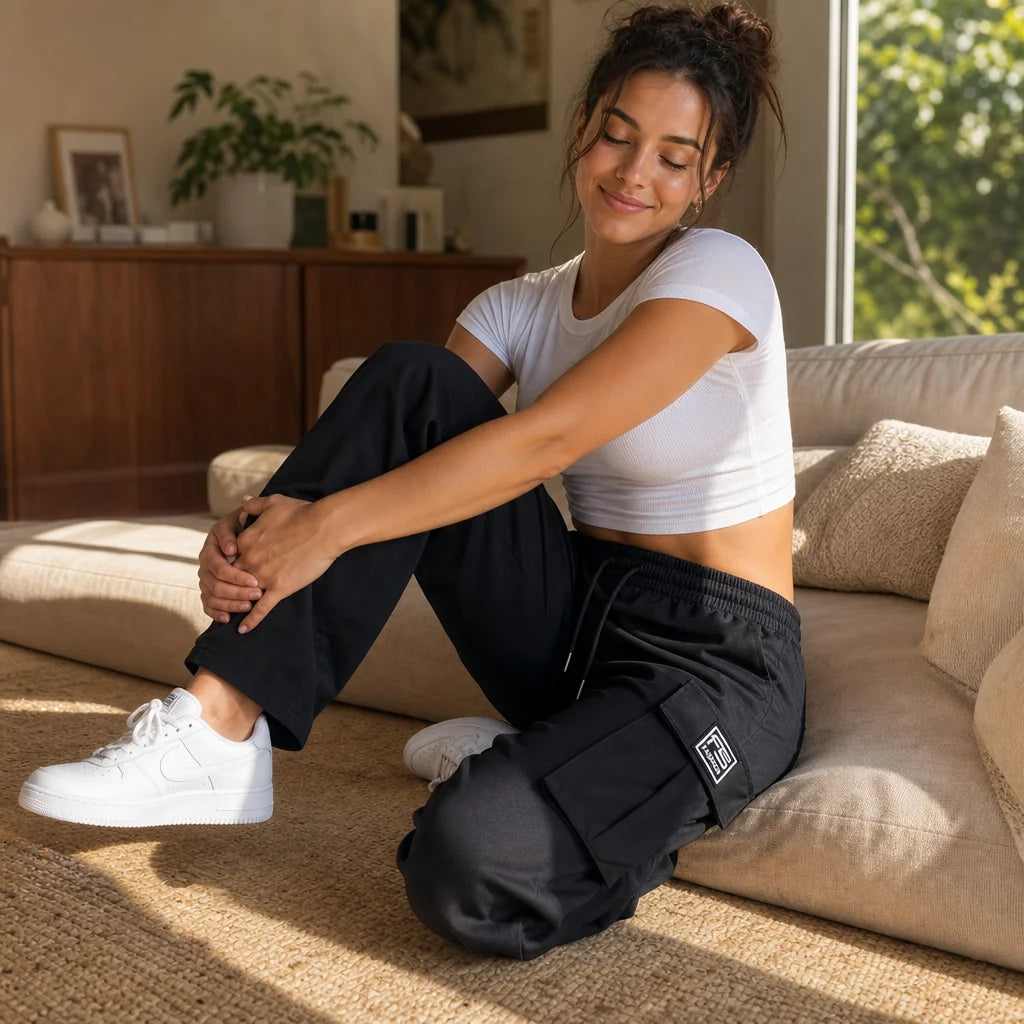 Women's Straight Leg Cargo Pants with Stretchy Drawstring Waist & Flap Pockets - Lifestyle Sitting