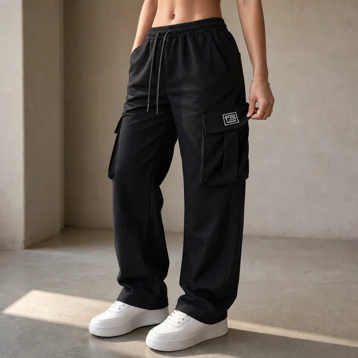 Black Women's Straight Leg Cargo Pants with Stretchy Drawstring Waist & Flap Pockets