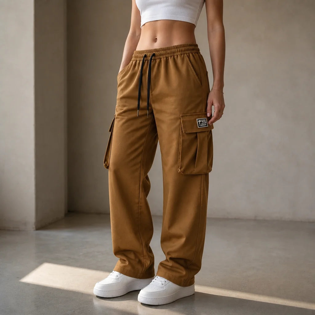 Camel Women's Straight Leg Cargo Pants with Stretchy Drawstring Waist & Flap Pockets