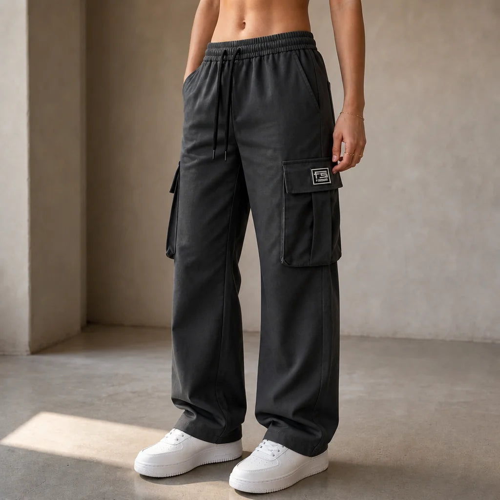 Dark Grey Women's Straight Leg Cargo Pants with Stretchy Drawstring Waist & Flap Pockets