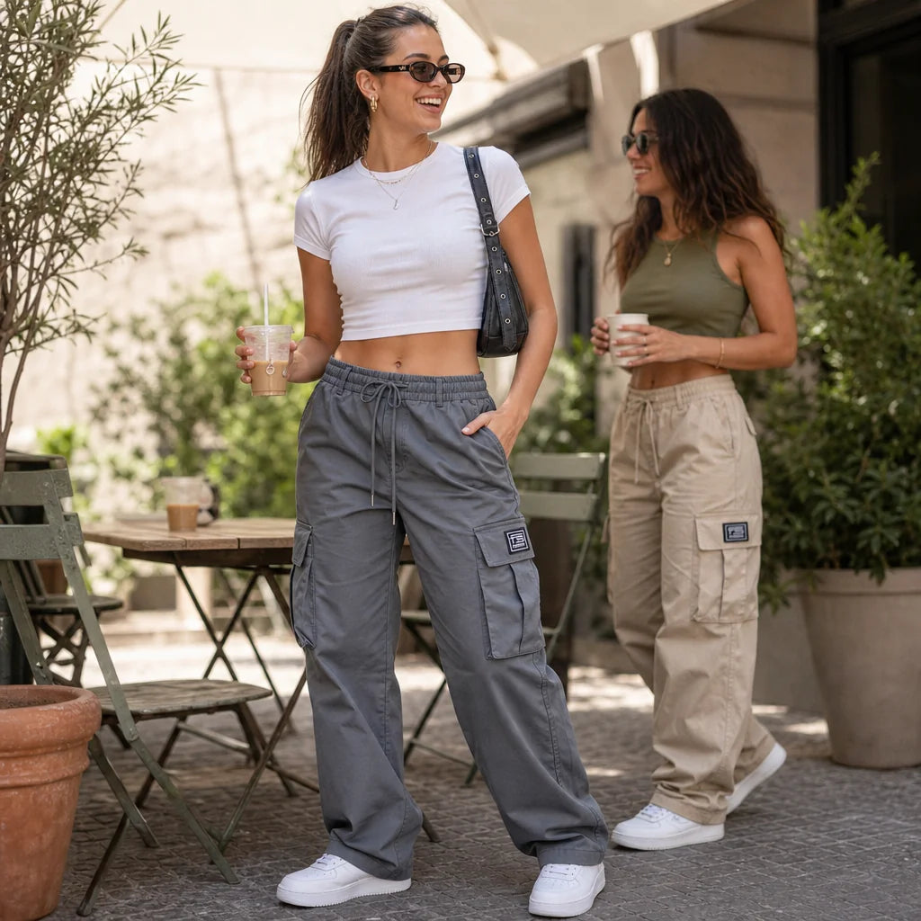 Women's Straight Leg Cargo Pants with Stretchy Drawstring Waist & Flap Pockets - Lifestyle Outdoor Duo