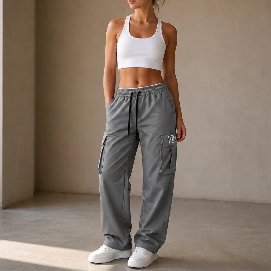 Grey Women's Straight Leg Cargo Pants with Stretchy Drawstring Waist & Flap Pockets