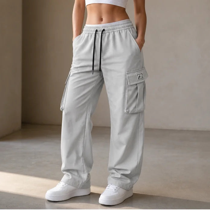 Light Grey Women's Straight Leg Cargo Pants with Stretchy Drawstring Waist & Flap Pockets