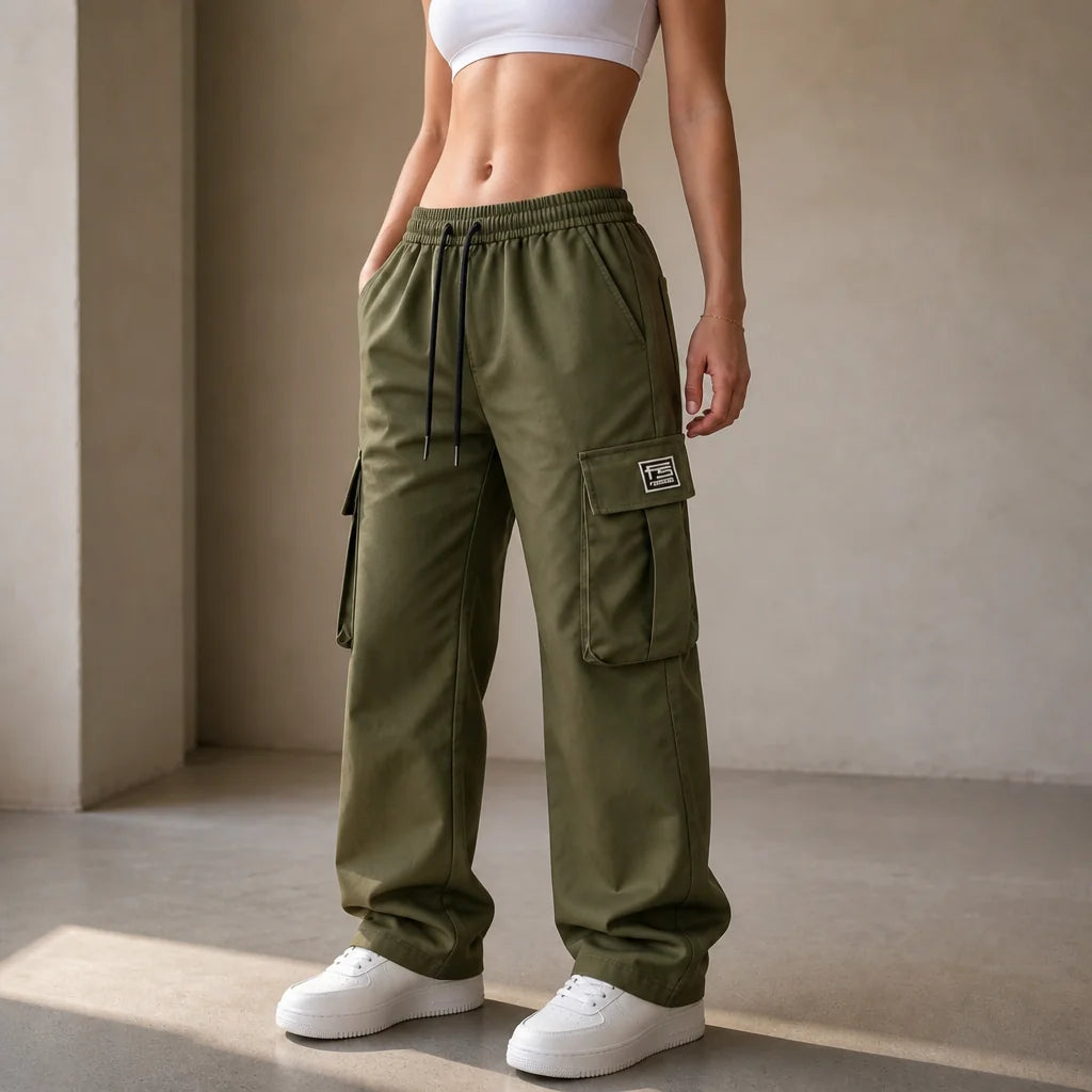 Olive Women's Straight Leg Cargo Pants with Stretchy Drawstring Waist & Flap Pockets