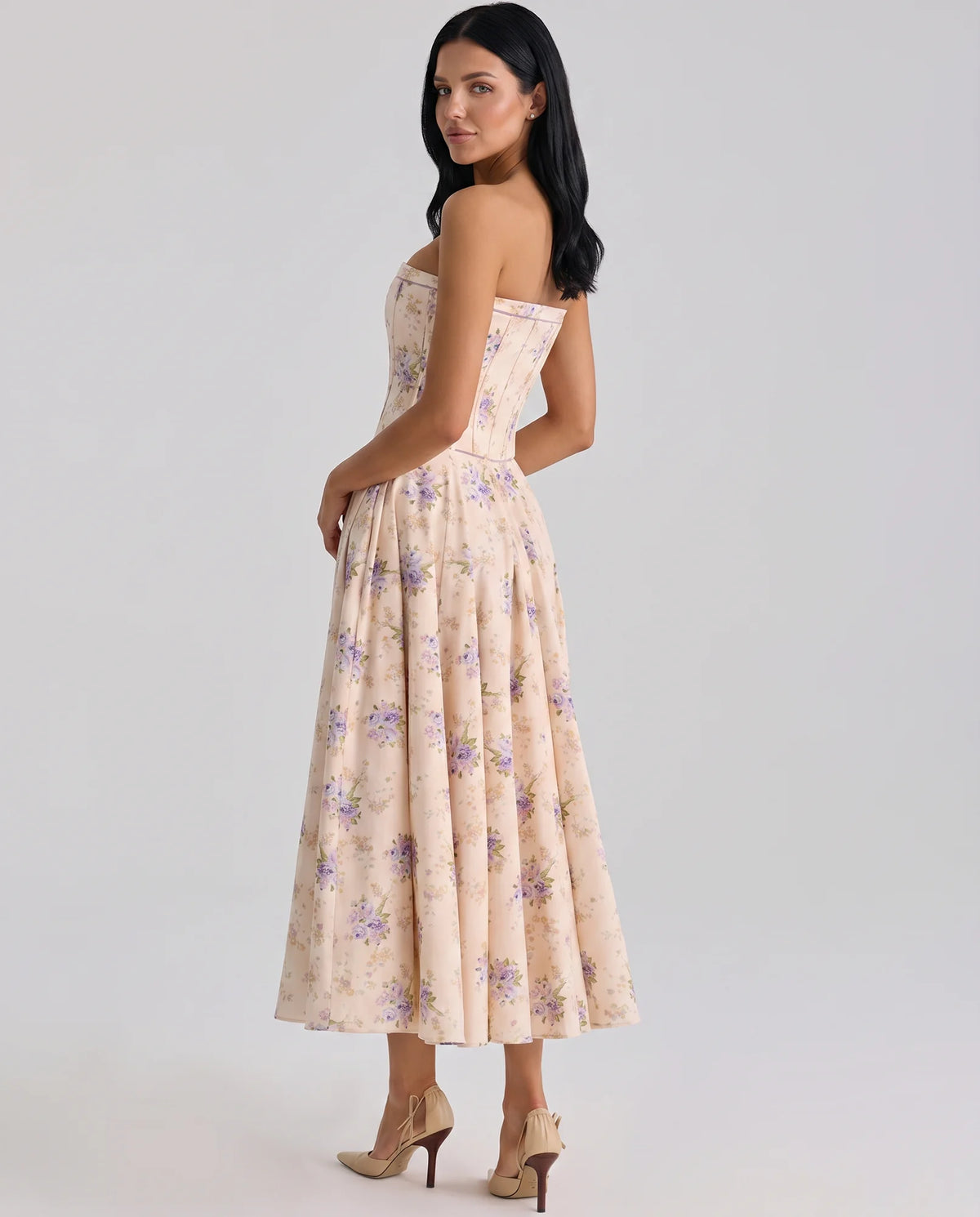 Women's Strapless Maxi Dress with Fitted Corset Bodice - Back Side Angle