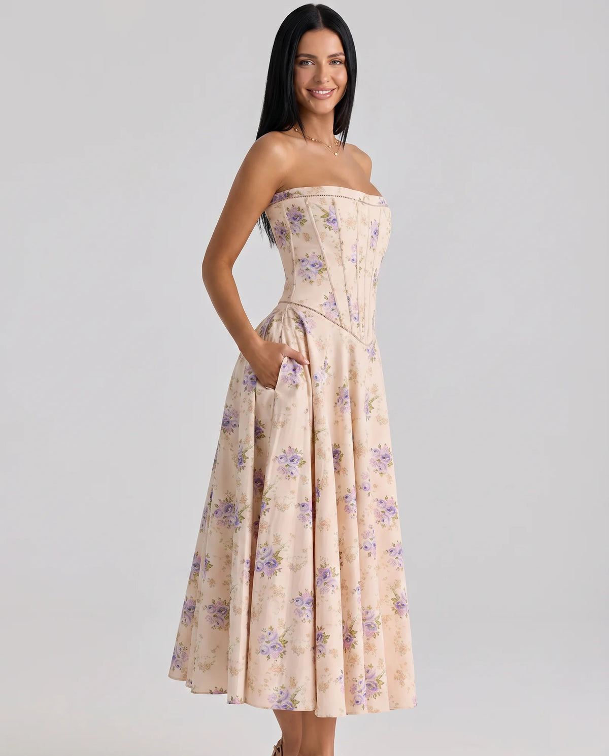 Women's Strapless Maxi Dress with Fitted Corset Bodice - Side Angle