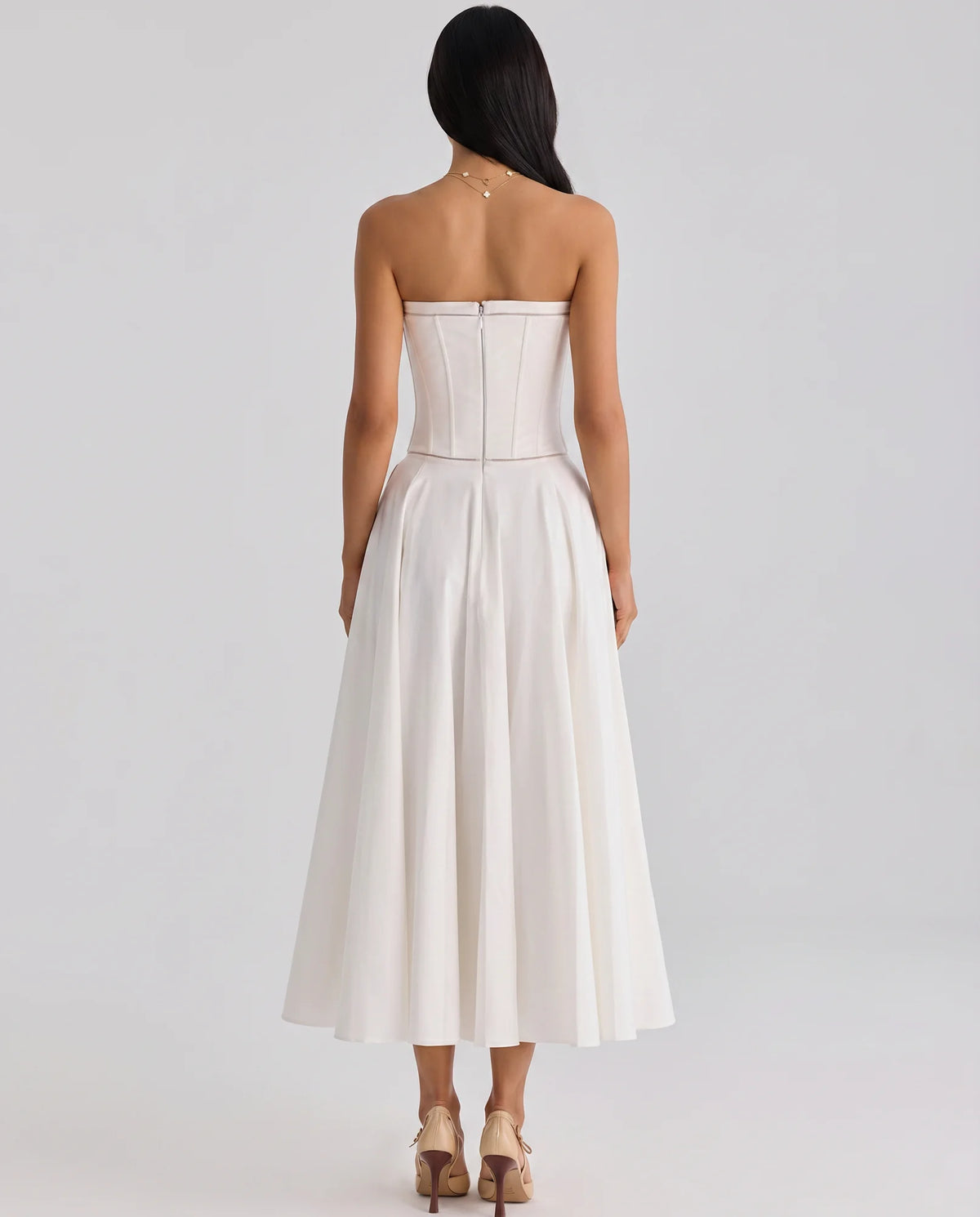 Women's Strapless Maxi Dress with Fitted Corset Bodice - Back Studio