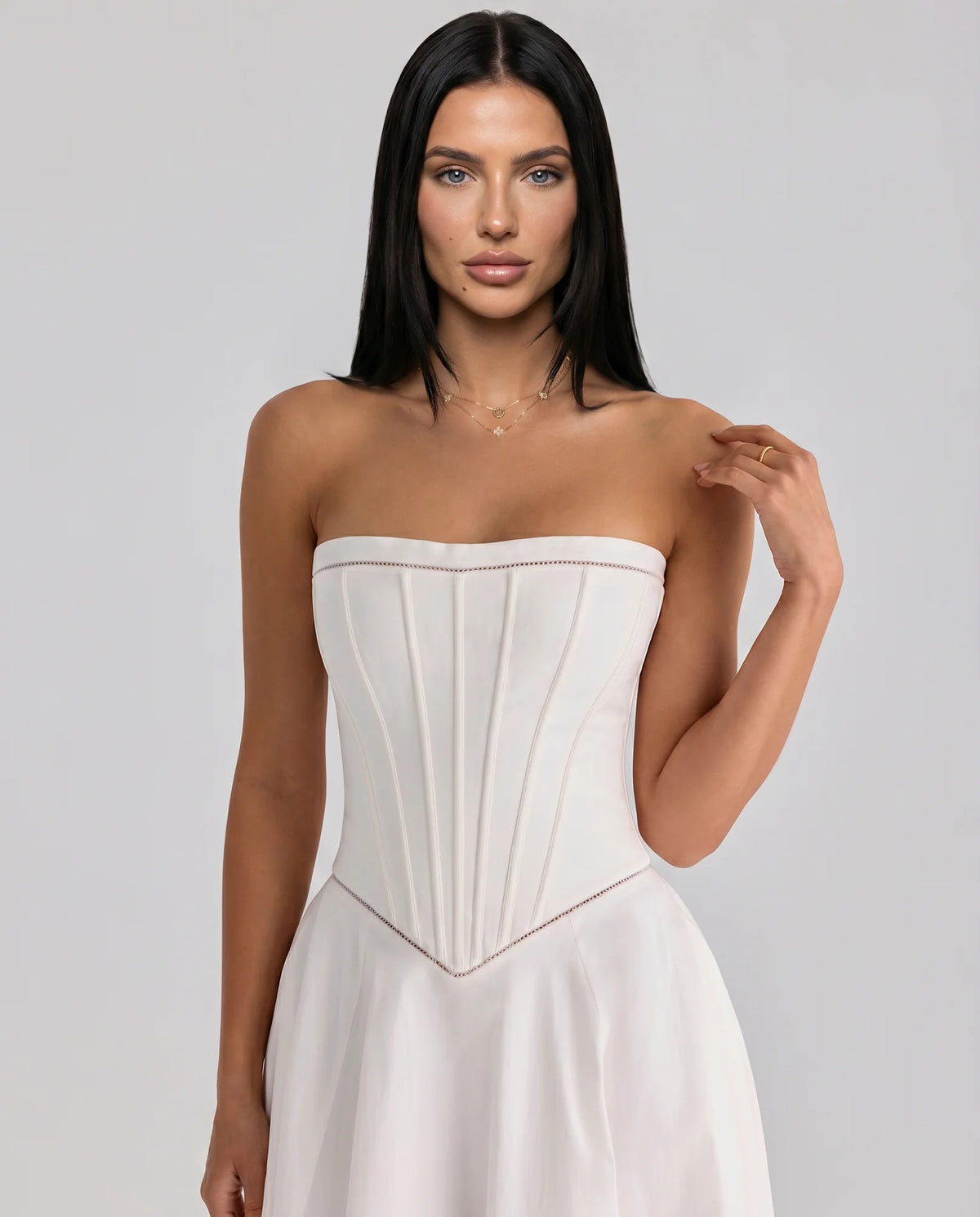 Women's Strapless Maxi Dress with Fitted Corset Bodice - Close Up Neckline