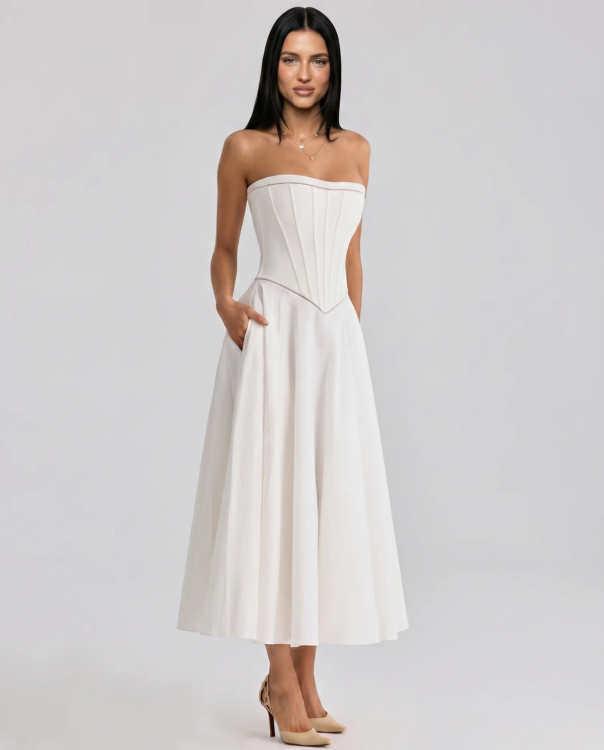 Women's Strapless Maxi Dress with Fitted Corset Bodice - Front Pocket Pose