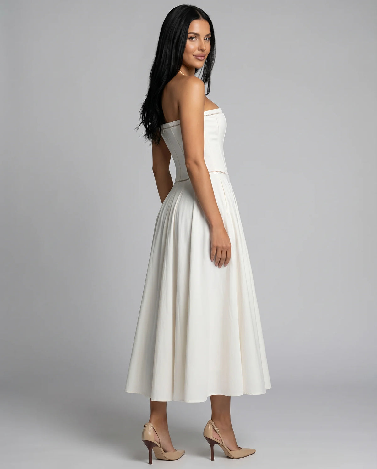 Women's Strapless Maxi Dress with Fitted Corset Bodice - Side Studio