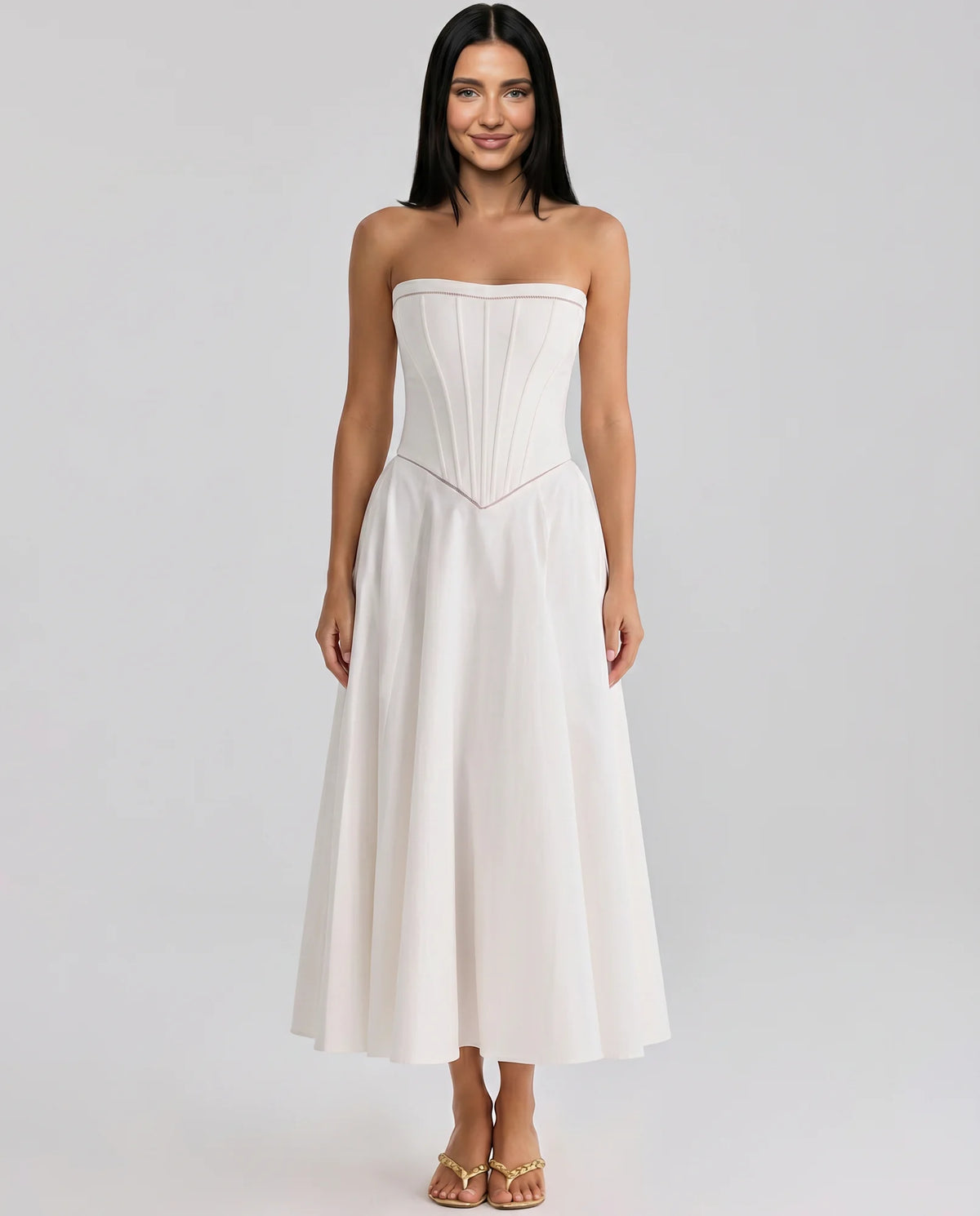 White Women's Strapless Maxi Dress with Fitted Corset Bodice
