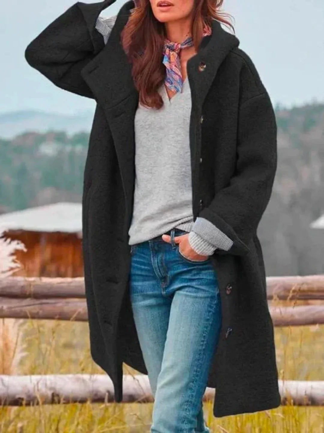 Black Women's Structured Hooded Coat with Button-Front & Oversized Fit — Cherry