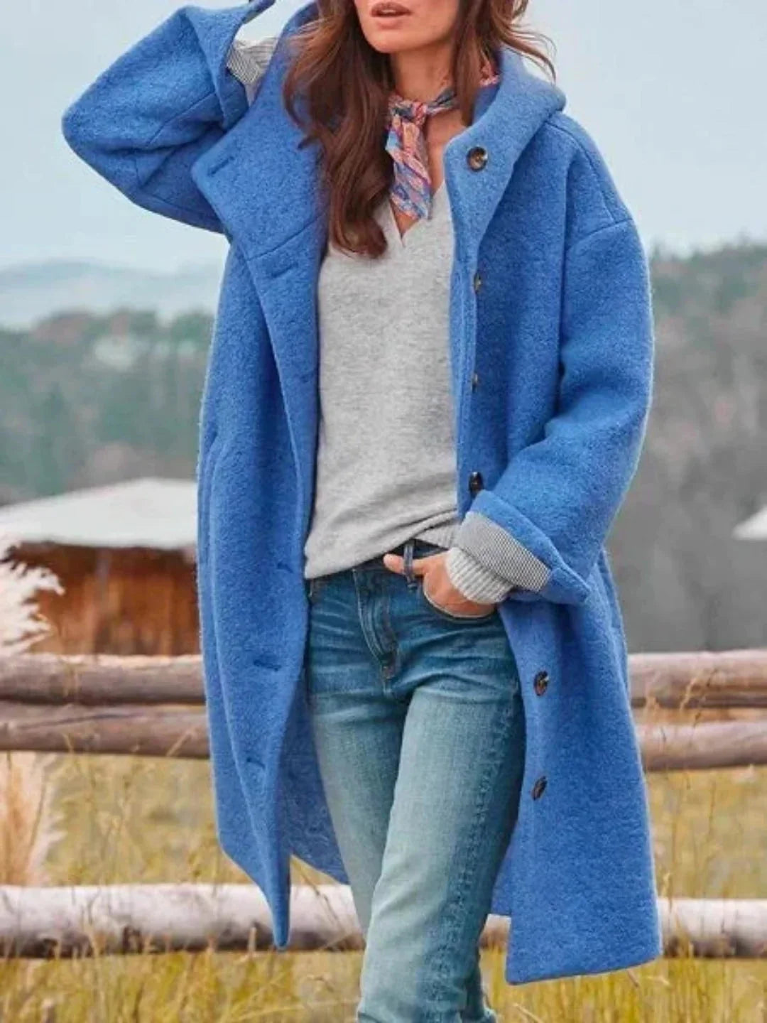 Blue Women's Structured Hooded Coat with Button-Front & Oversized Fit — Cherry