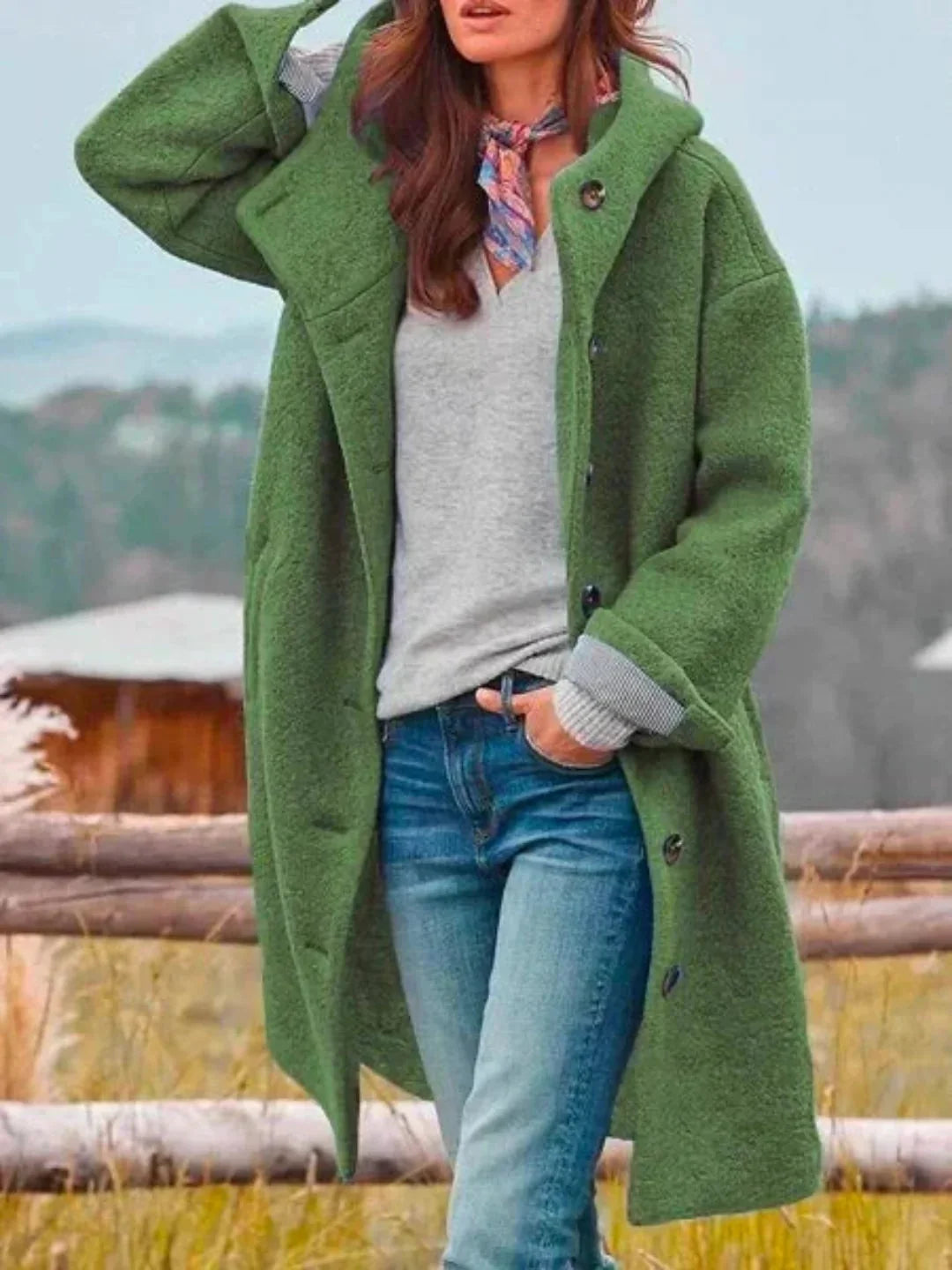 Green Women's Structured Hooded Coat with Button-Front & Oversized Fit — Cherry