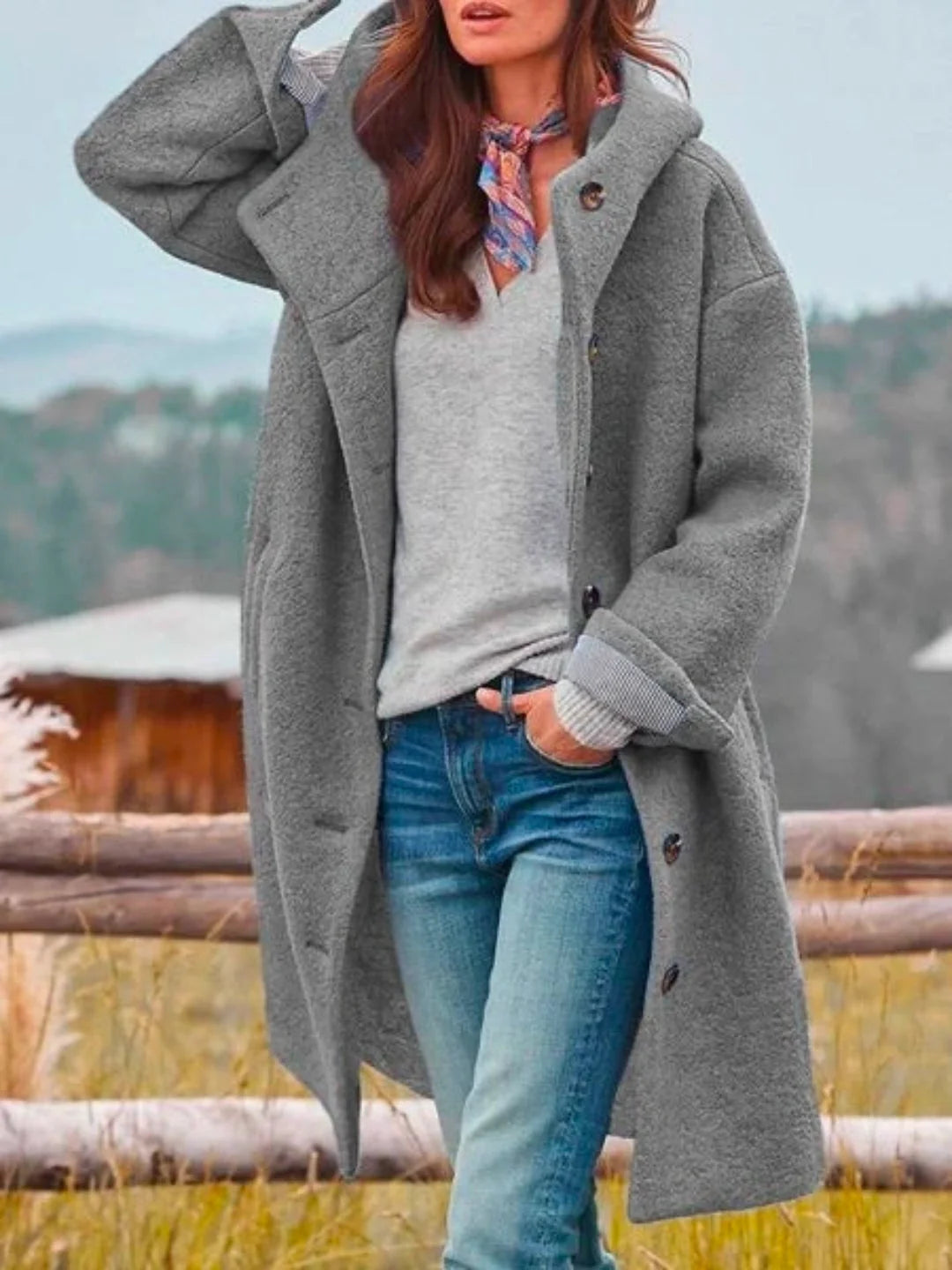 Grey Women's Structured Hooded Coat with Button-Front & Oversized Fit — Cherry