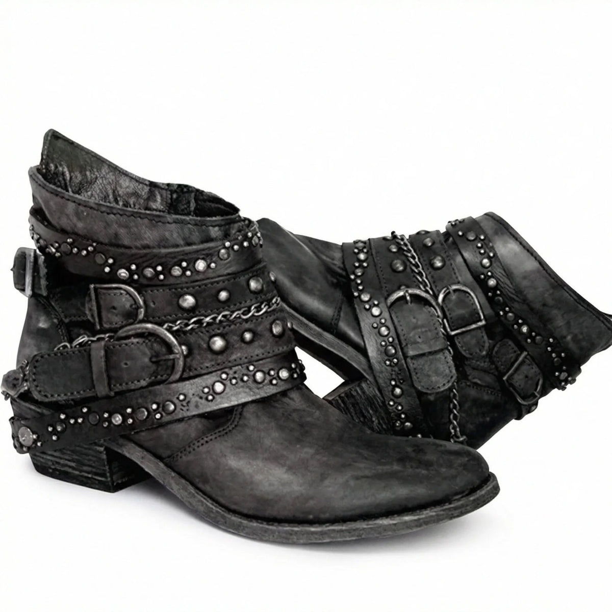 Black Women's Studded Ankle Boots with Buckle Straps & Chain Detail — Arabella