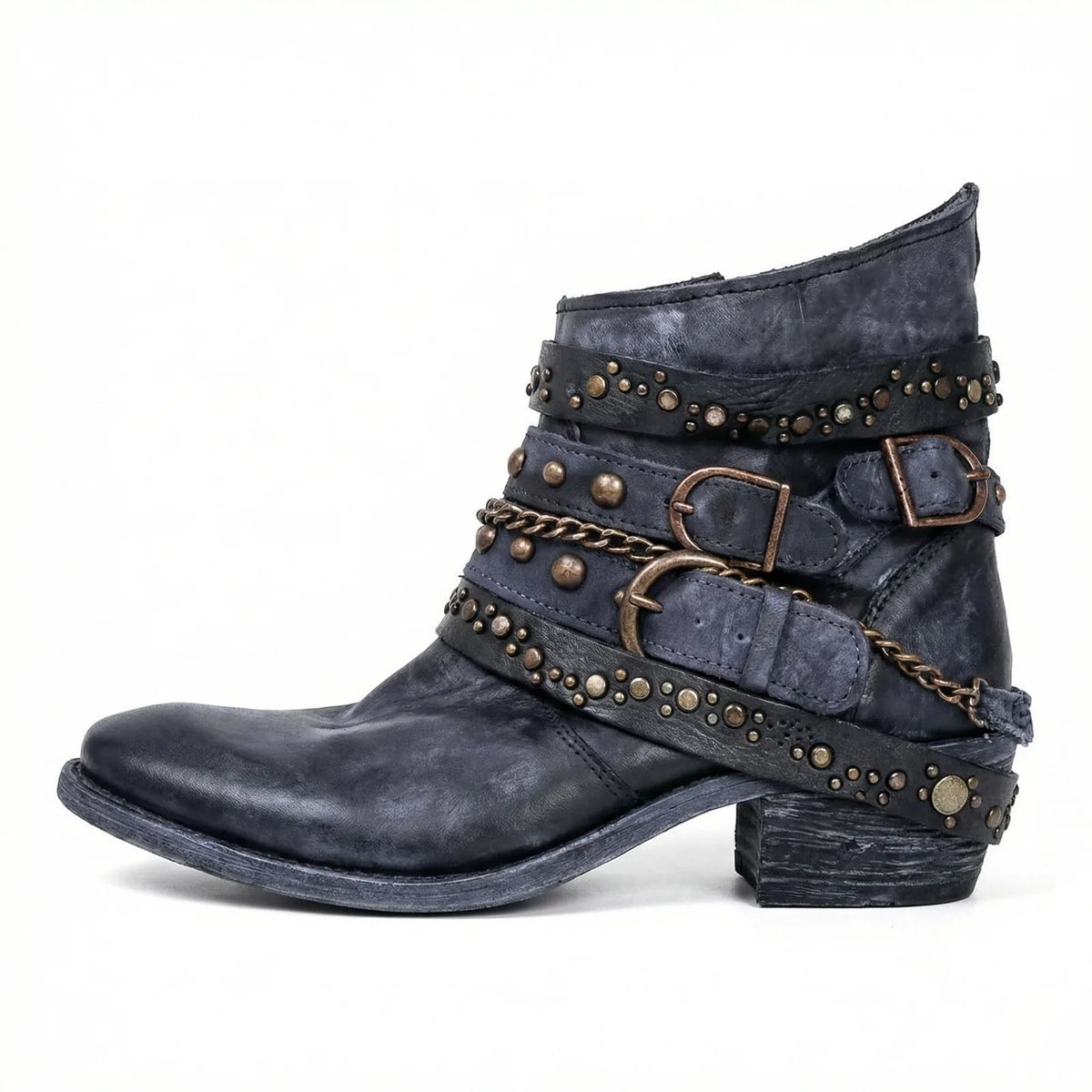 Blue Women's Studded Ankle Boots with Buckle Straps & Chain Detail — Arabella