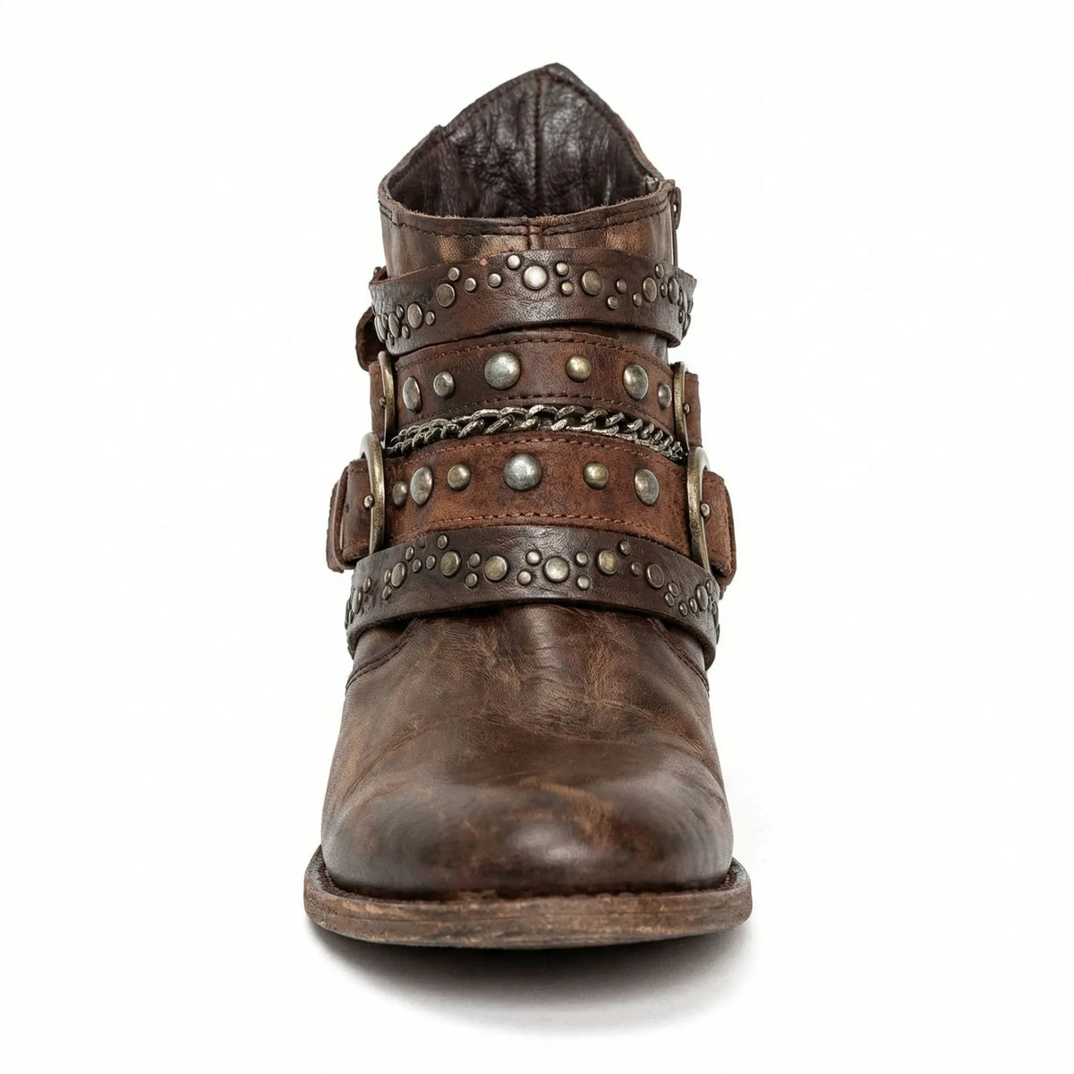 Brown Women's Studded Ankle Boots with Buckle Straps & Chain Detail — Arabella - Front Close Up